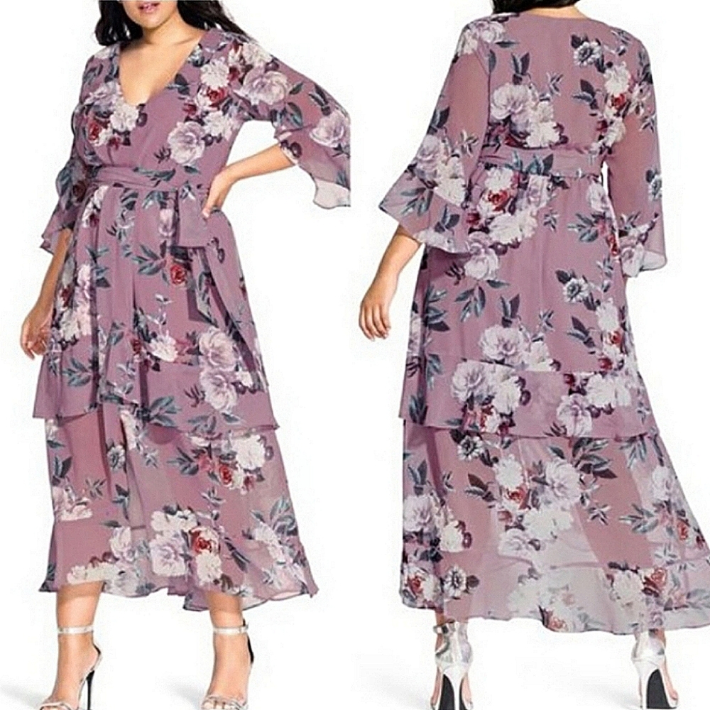 City Chic 22(XL) Rosewater Floral Faux Wrap Maxi Dress